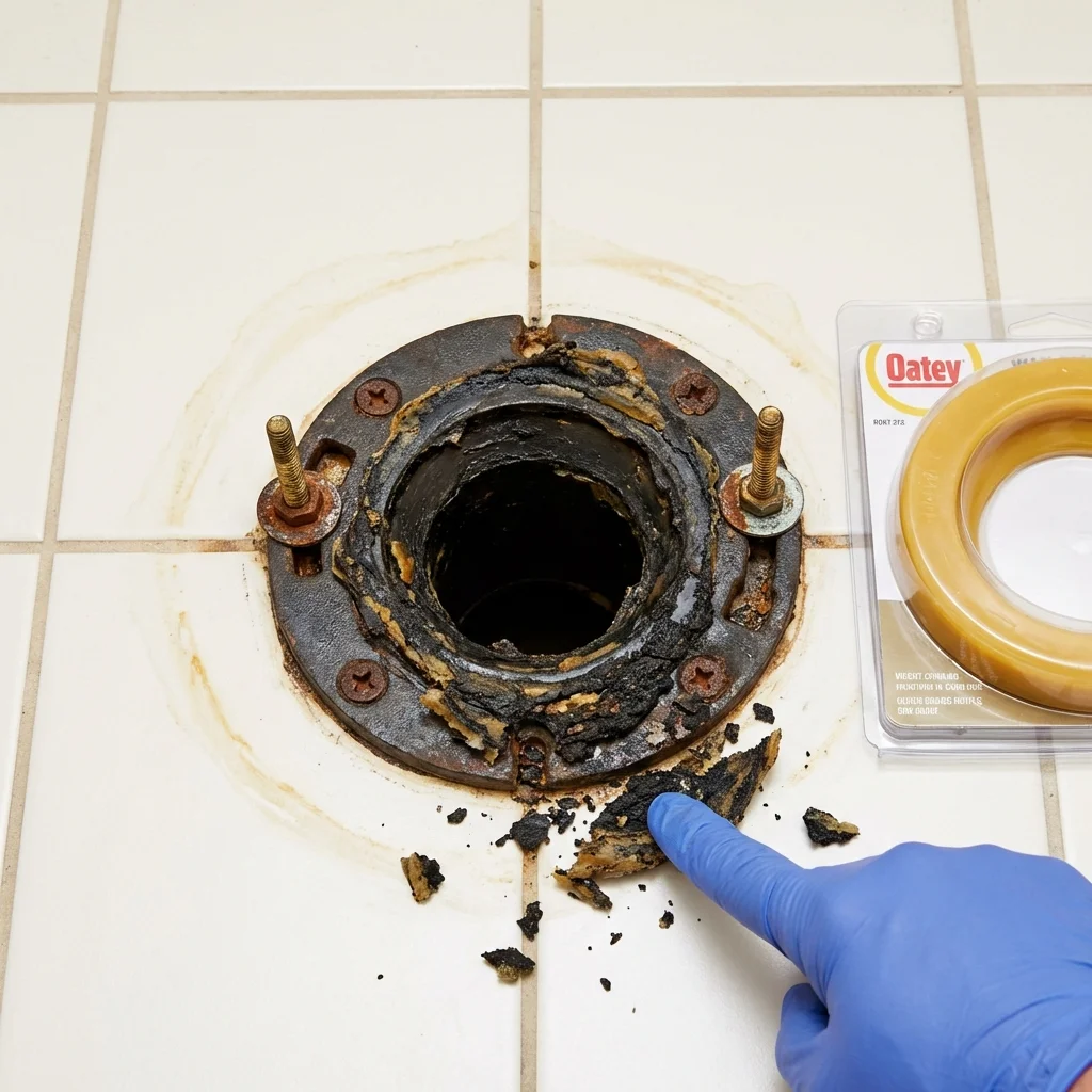 Failed wax ring showing water seepage at the base of a toilet in a Greenfield, MA home