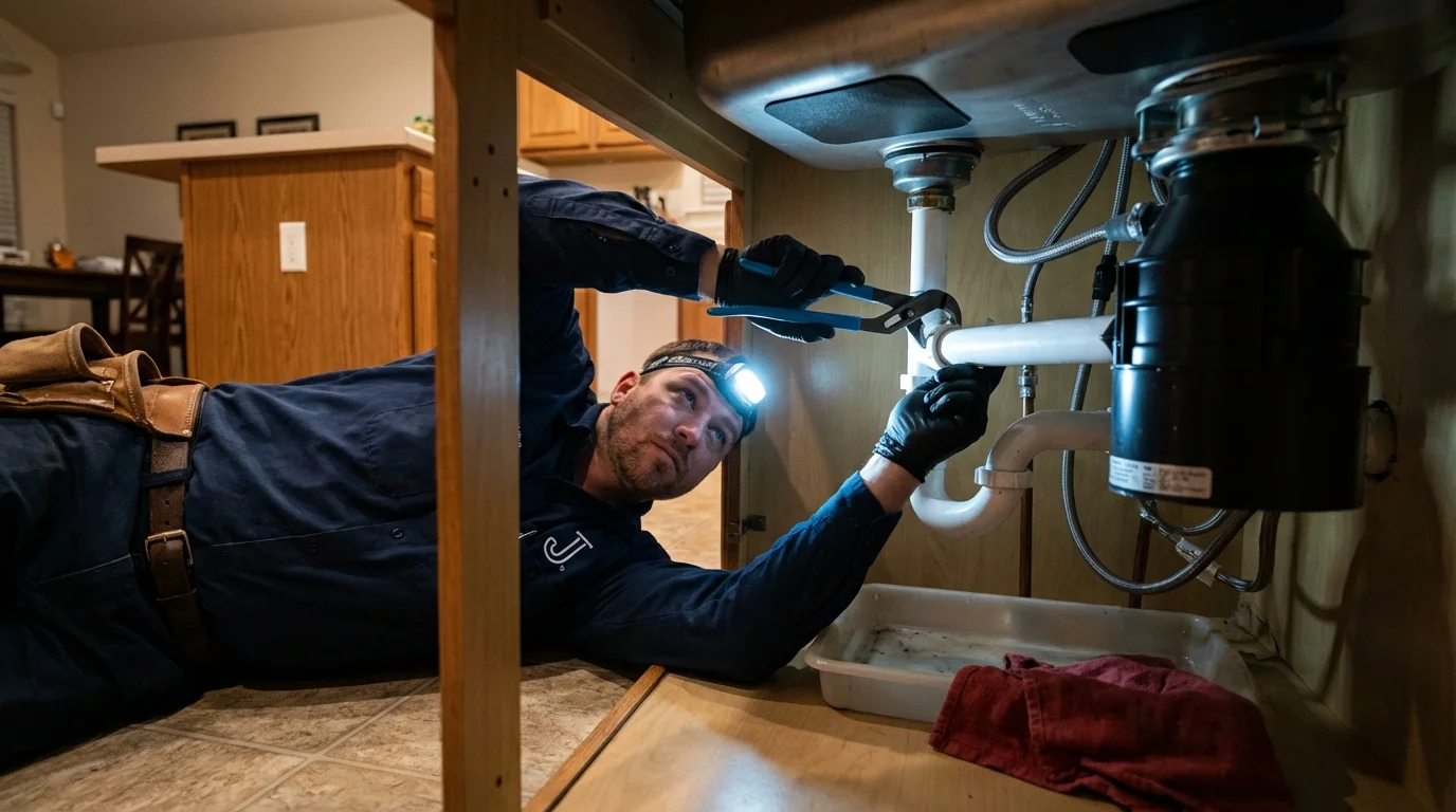 P-trap and supply line connections under a kitchen sink showing a common leak point in Greenfield, MA